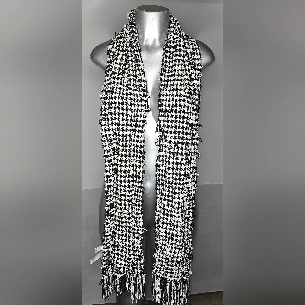 Charter Club Black White Houndstooth Fringe Scarf Wrap One Size Black and White